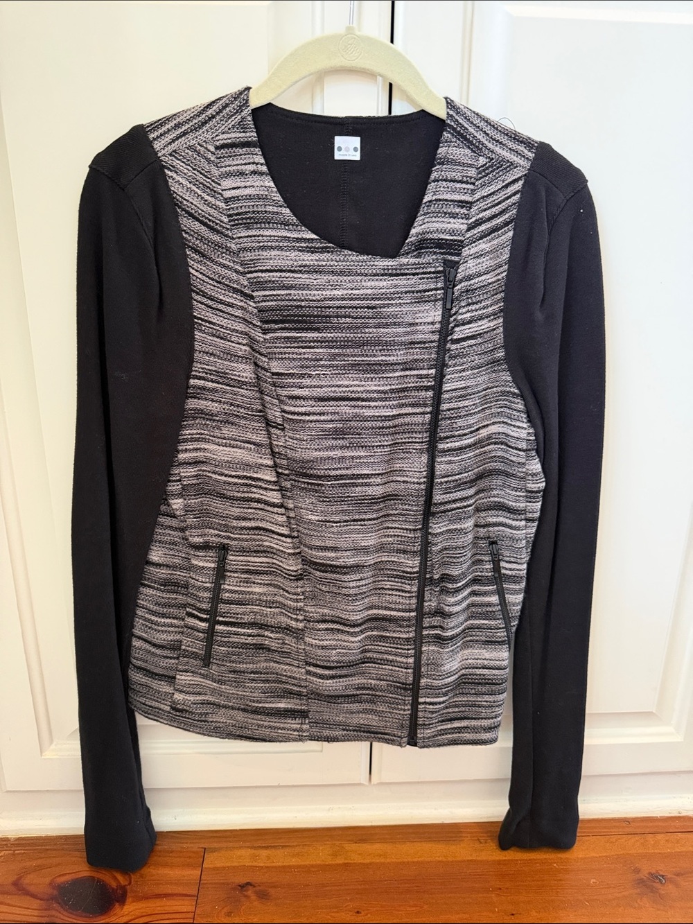 Three Dots Black & Gray Knit Asymmetric medium Moto sweater Jacket